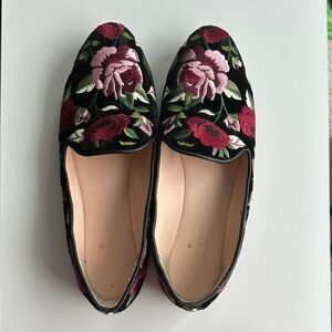 Kate Spade Black and Pink Floral Embroidered Velvet Loafers